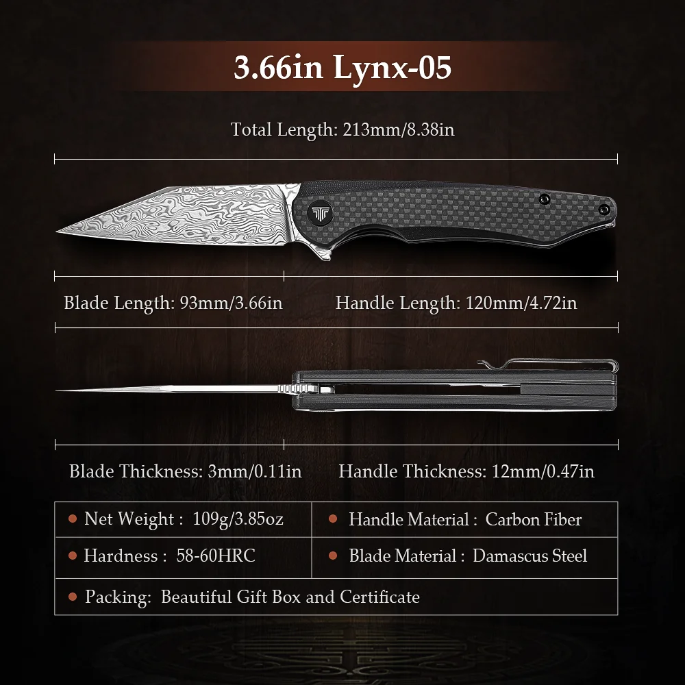 Складной карманный нож TRIVISA с ручкой из углеродного волокна лезвие дамасской