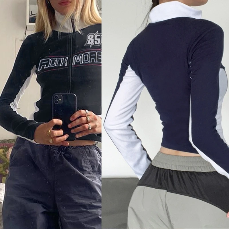 

Vintage Letter Print Skinny Crop Coat Streetwear for Women Motorcycle Jackets