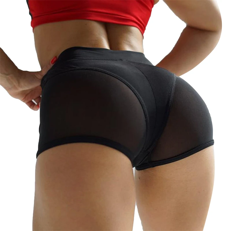 

Women Sexy High Waist Workout Fitness Shorts Female Cheer Booty Dance Shorts See-through Mesh Patchwork Pole Dancing Clubwear