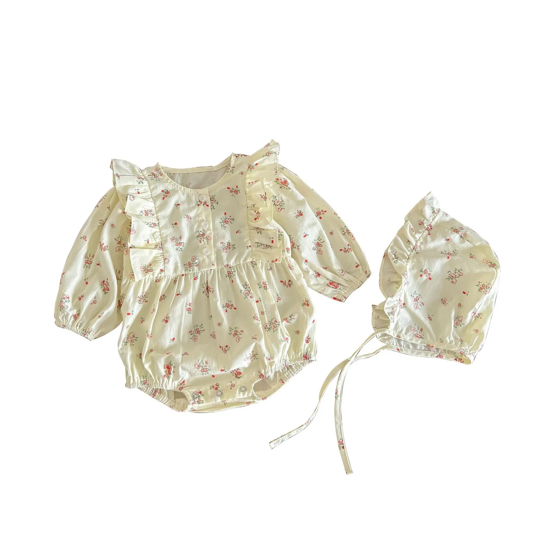 2022 Autumn New Baby Girl Long Sleeve Bodysuit + Hat Sweet Floral Princess Clothes Cotton Toddler Infant Girl Jumpsuit