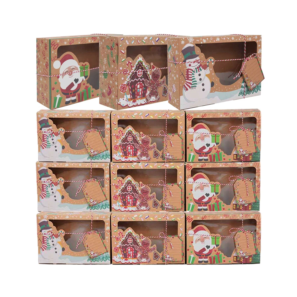 

Pack of 9 Christmas Gift Boxes Kraft Paper Candy Packing Foldable Santa Claus New Year Holiday Presents Snacks Cases