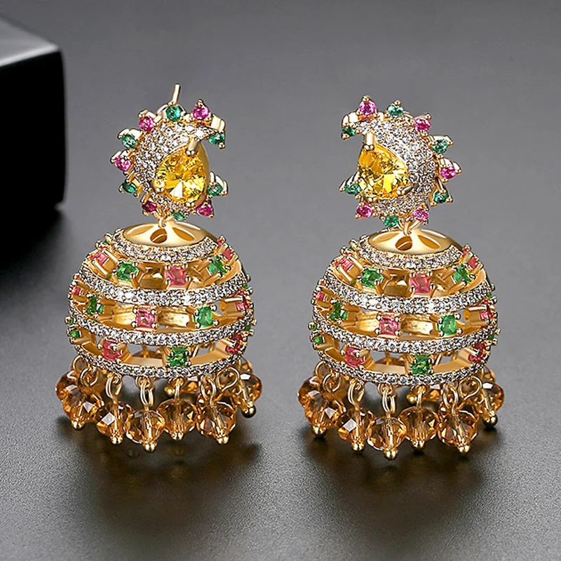 

Luxury Jhumka Crystal Zircon Bell Drop Dangle Earrings Indian Jewelry Vintage Jhumki Ethnic Gypsy Beads Tassel Earring Bollywood