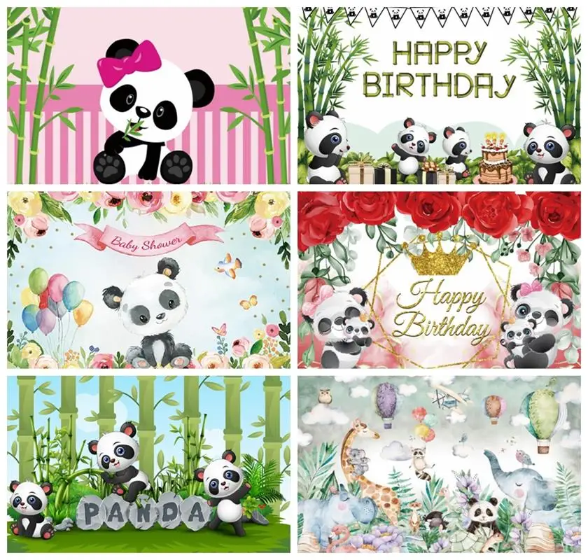 

Laeacco Birthday Photography Backdrops Pink White Stripes Flowers Panda Bamboos Photographic Backgrounds Baby Shower Photocall