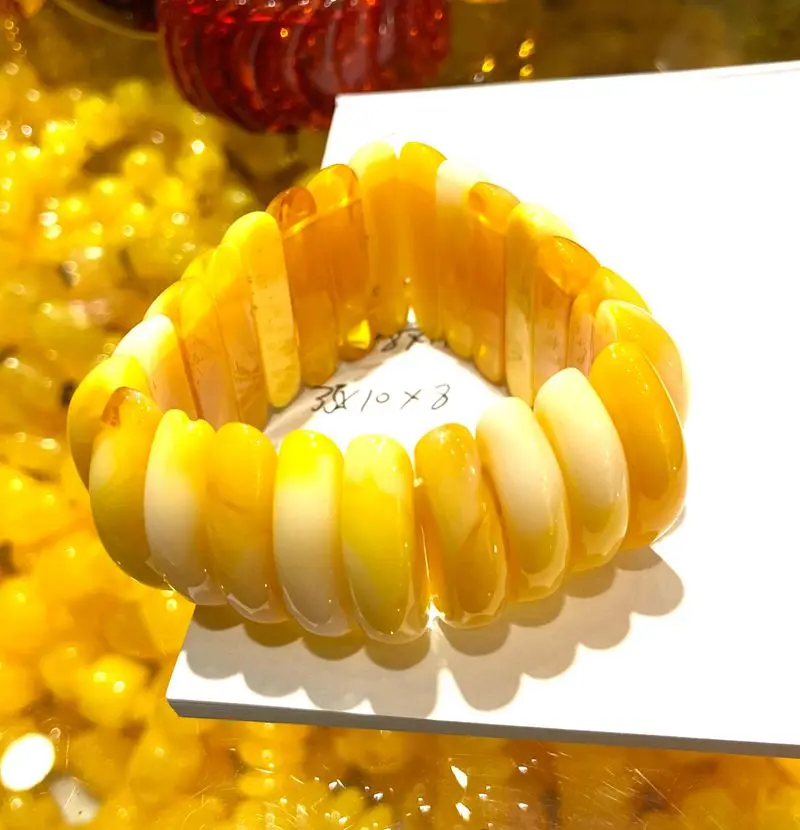 

Сертификат 35*10*8 мм натуральный желтый + бежевый мексиканский Небесно-Голубой янтарный браслет