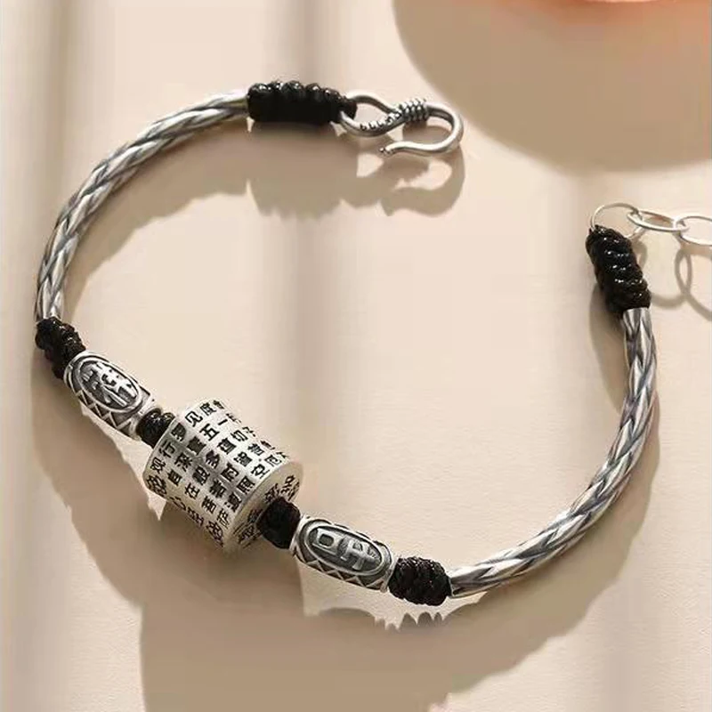 

Kedoria National Customs Women's Heart Sutra Bracelet National Tide Auspicious Handmade Black Rope Bracelet Old Retro Style