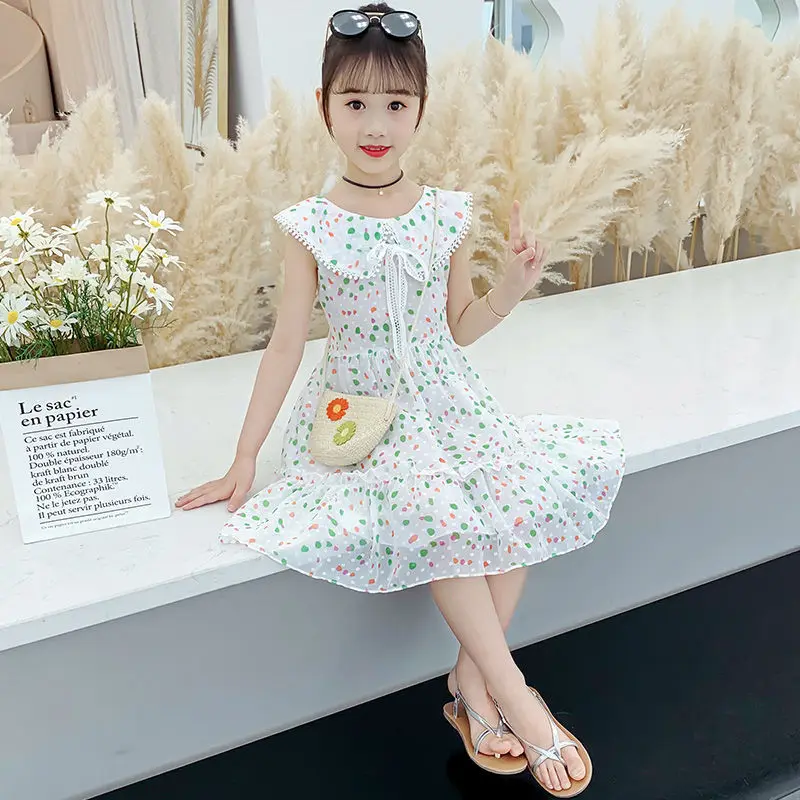 

New Girls Summer Polka Dot Dress Girl Children's Chiffon Princess Dresses Western Style Kids Clothes Bow Lapel Dignified Dress 7