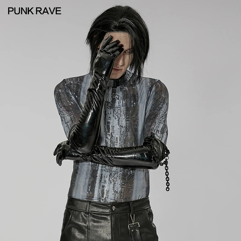 PUNK RAVE Men's Punk Elastic Patent Leather Gloves Arm Chain Decoration Motorcycle Cool Black One Pair Gloves Men Accessories