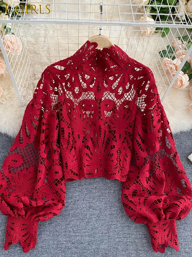 

E GIRLS Sexy Lace Hollow Out Short Blouse Lantern Long Sleeve Stand Collar Shirts Female Elegant Red/Pink/White Loose Tops