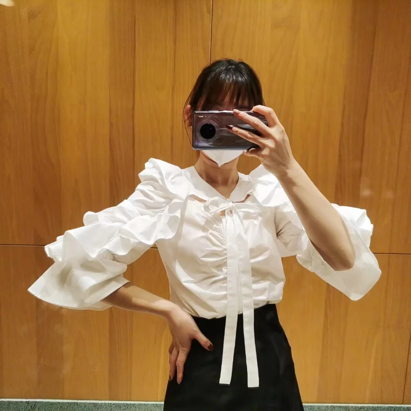 Kuzuwata 2024 Весенняя рубашка в японском стиле Блузы с оборками на шнуровке