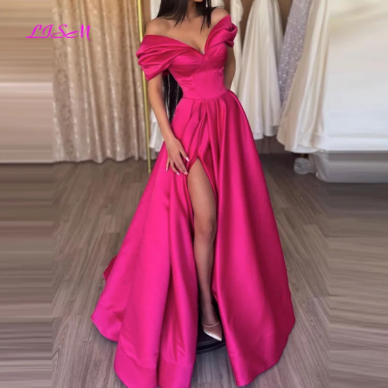Купи A-Line Off Shoulder V-Neck Satin Long Prom Dress Sexy Side Side Evening Dresses Floor Length Party Gowns за 5,502 рублей в магазине AliExpress