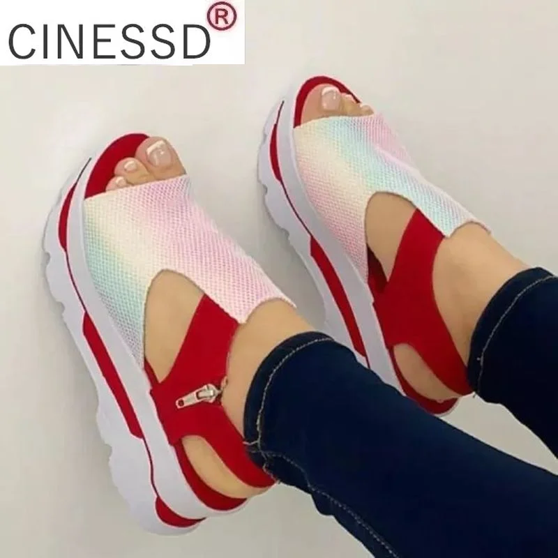 

2022 Summer New Ladies Sandals Thick Sole Flyknit Soft Sole Fish Mouth Casual Beach Shoes Ladies Sandals Plus Size 43