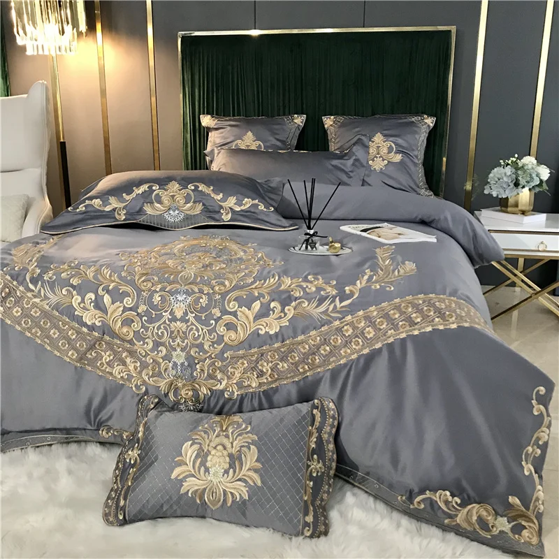 

Gray Luxury European Royal Style Gold Embroidery 60S Satin Silk Cotton Bedding Set Duvet Cover Bed Linen Fitted Sheet Pillowcase