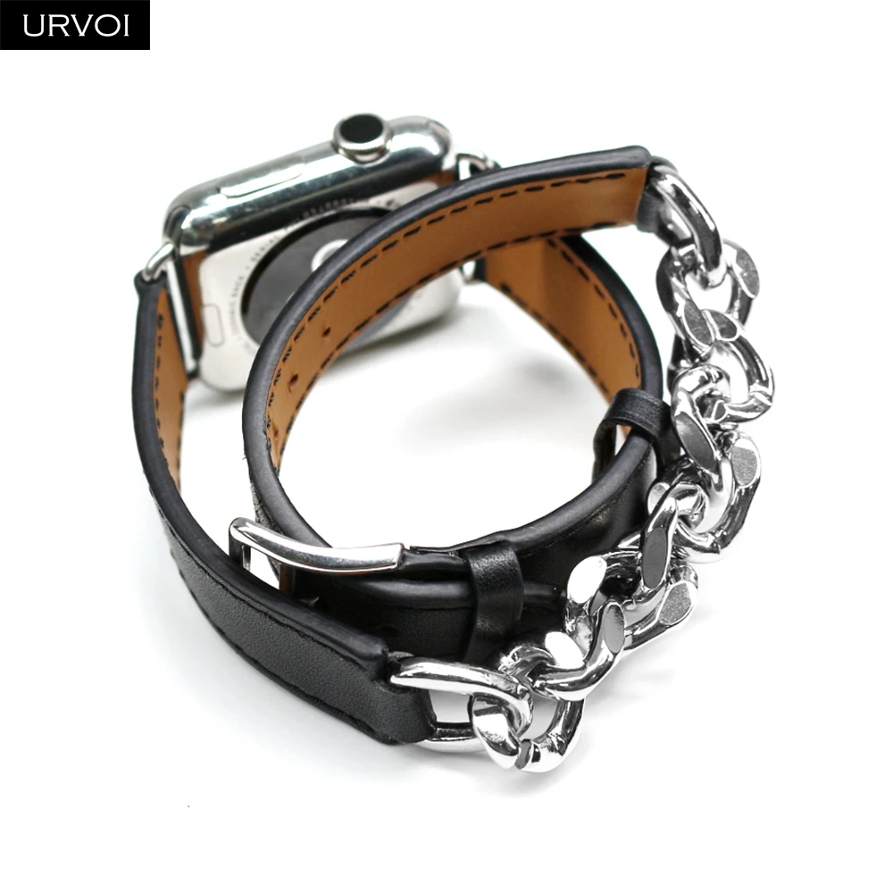 Фото Кожаный ремешок URVOI Gourmette Metal Double Tour для Apple Watch Ultra 1, 2, серия 10, 9, 8, 7 6 SE, кожаный ремешок для браслета iWatch №2