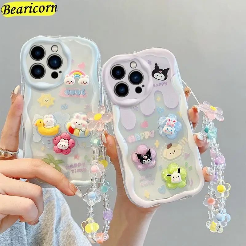 

Curly Wave Edge Cream Rabbit Phone Case For Xiaomi Redmi 10 Prime 9A 9C 9T 9i 9 Power 10A 10C 10X 11A 12C INS Wrist Strap Cover