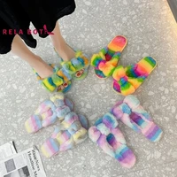 furry slides for women new fashion toe bow sets foot wear low heel flat indoor and outdoor fashion casual large cotton slippers