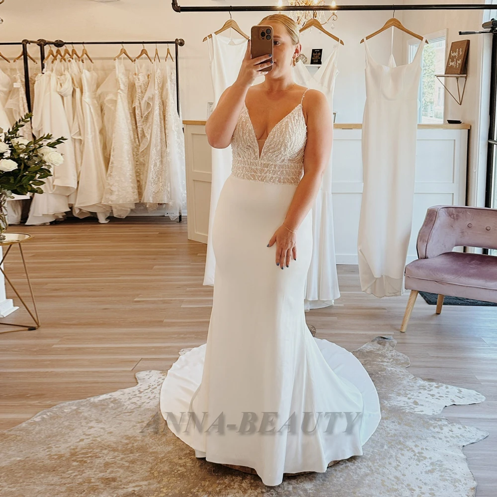 

Anna Vintage Wedding Dress for Bride Spaghetti Strap Trumpet Lace Appliques Backless Sweep Train Robe De Mariée Personalised