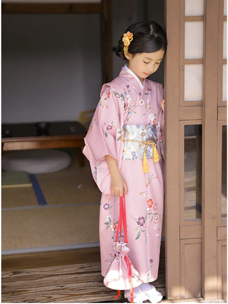

Retro Children's Japanese Kimono Floral Prints Traditional Yukata Girls' Performing Costume Kids Long Dress