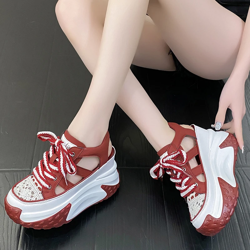 10CM Hollow Summer Sandals Wedge Heels Leather Sneakers Women High Platform Beach Flip Flops Casual Breathable Walking Slippers