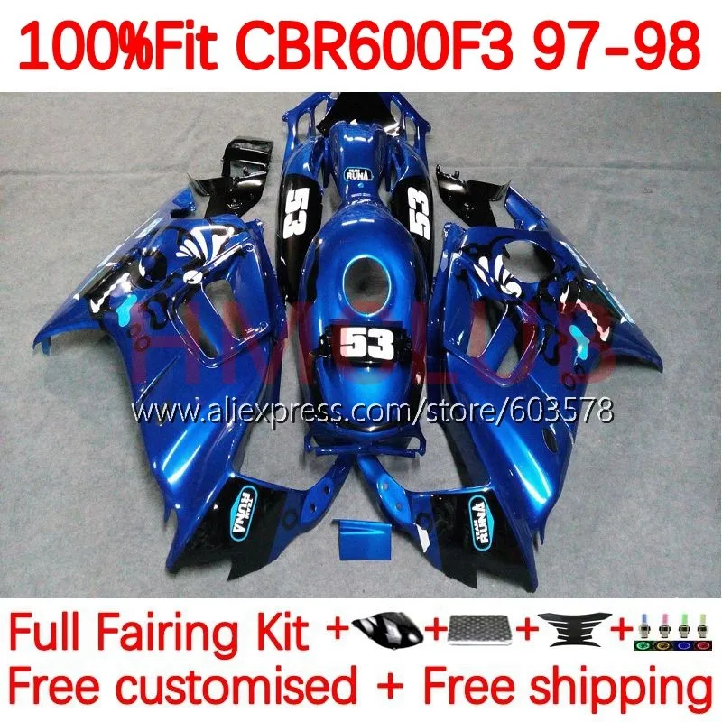 

Корпус + бак для HONDA CBR 600F3 600 CC FS F3 CBR600FS 97 98 CBR600 F3 CBR600F3 1997 1998 Инжекционный обтекатель 142No.142 глянцевый синий