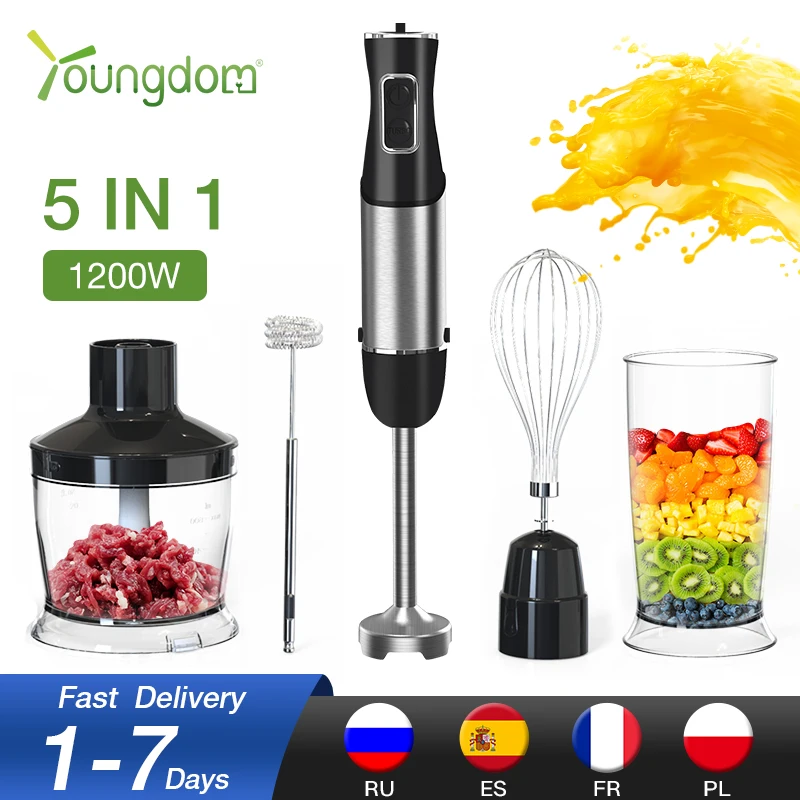 Electric Stick Hand Blender 5 in 1 Handheld Mixer 1200W 220V Stainless Steel Blade Vegetable Meat Immersion Egg Whisk Juicer