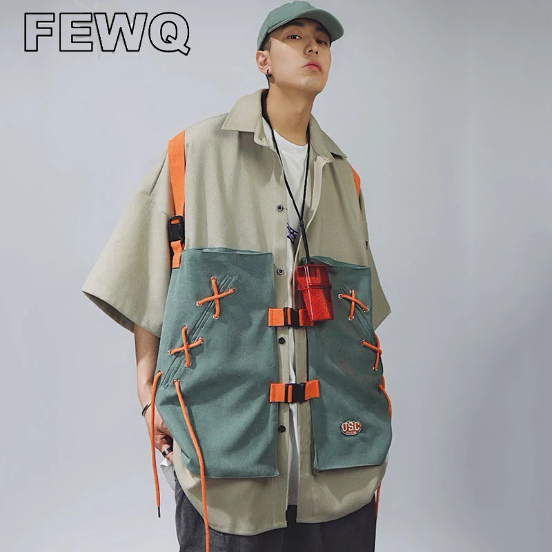 

Мужская рубашка в стиле сафари FEWQ, с коротким рукавом, искусственная куртка из 2 предметов, жилеты с отложным воротником, уличная одежда, нов...