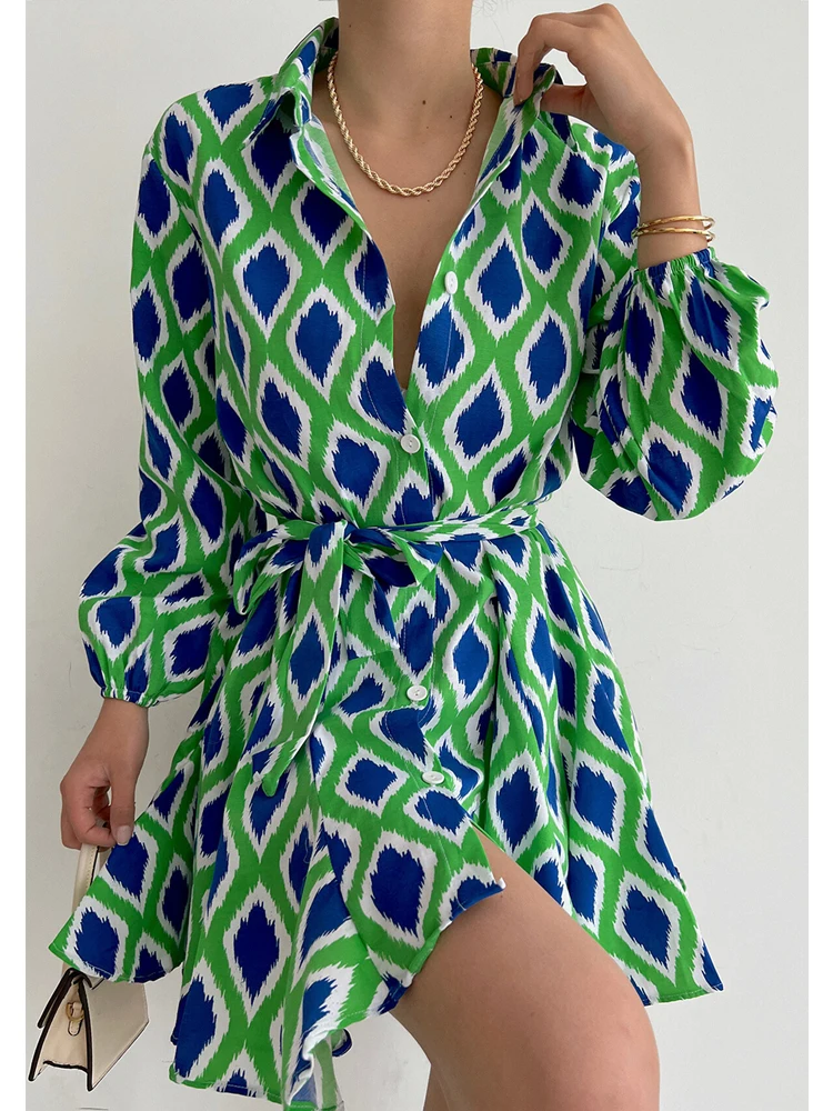 

Элегантное облегающее мини-платье с отложным воротником и длинным рукавом, модель 2022 года, модное платье-рубашка в стиле High Street с принтом, же...