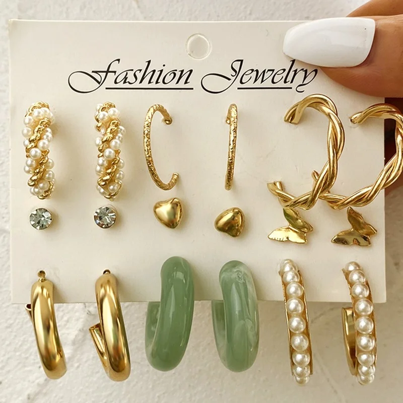 

Creative Acrylic C Shape Inlaid Pearl Earrings Sets Personality Love Heart Crystal Butterfly Twist Earrings for Women Jewelry