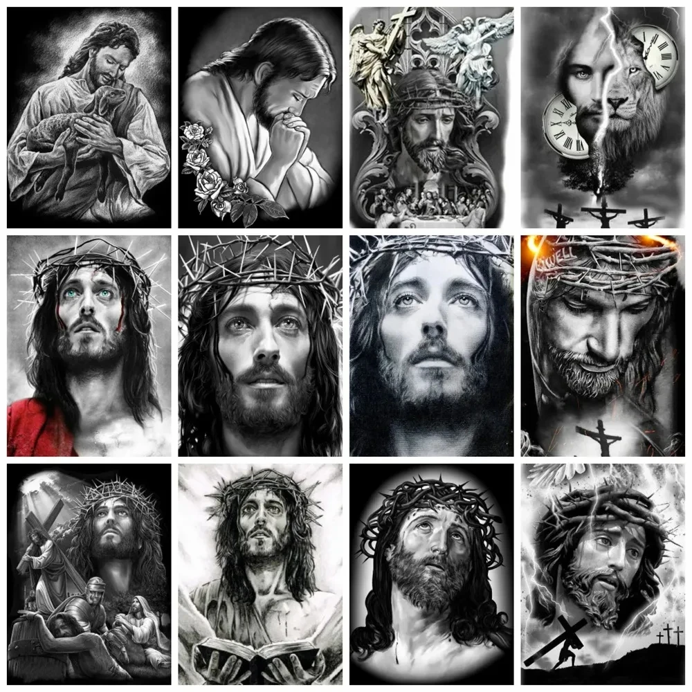 Алмазная живопись с изображением Иисуса Бога, полноразмерная/круглая вышивка на религиозную тему, черная, белая мозаика 5d, для творчества, домашний Декор, живопись