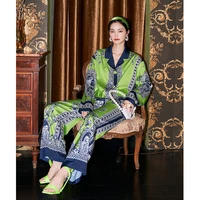 original bohemian style high grade pajamas for women spring and autumn long sleeve ice silk sleepwear set for female green