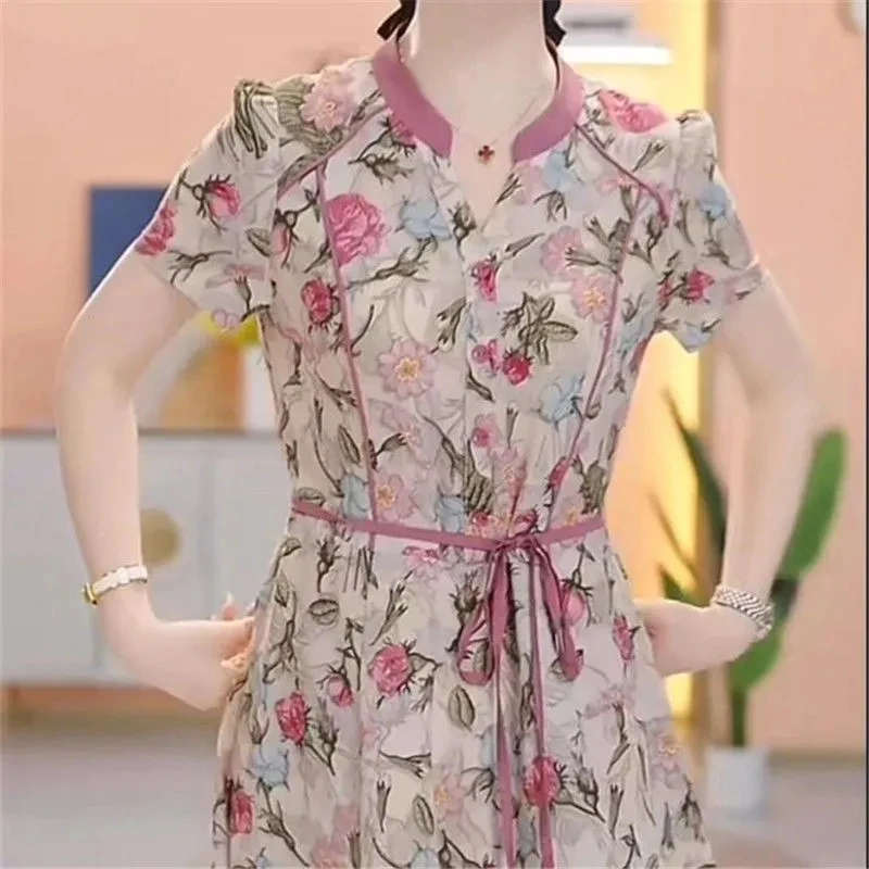 Шифоновое платье с V-образным вырезом и принтом, Новинка лета 2023, модное красивое Элегантное Длинное ТРАПЕЦИЕВИДНОЕ ПЛАТЬЕ с зауженной талией и шнуровкой, Eeleg