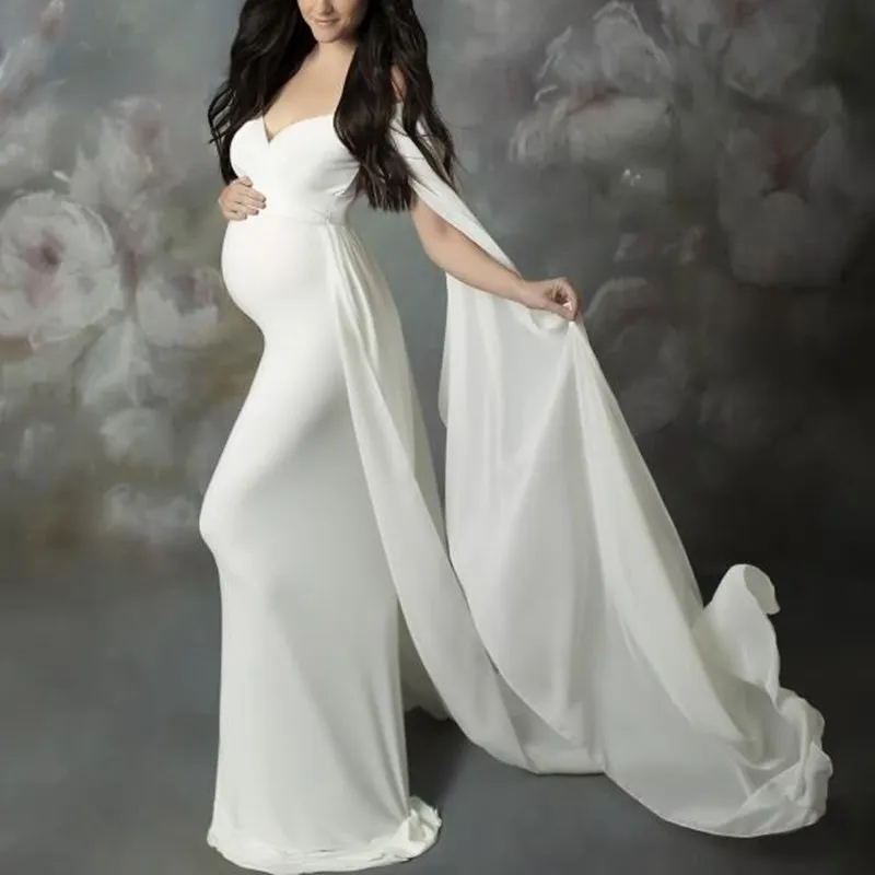 Long Maternity Dress With Cloak Sexy Shoulderless Maxi Pregnancy Dresses For Photo Shoot Elegant Pregnant Women Photography Prop