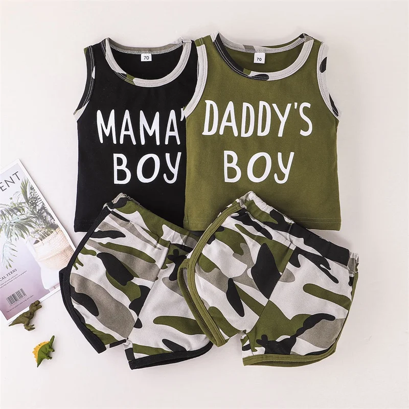 

Summer Baby Boys Clothing Vest and Shorts Casual Set Fashion Letter Sleeveless Round Neck Tops and Camouflage Short Pants
