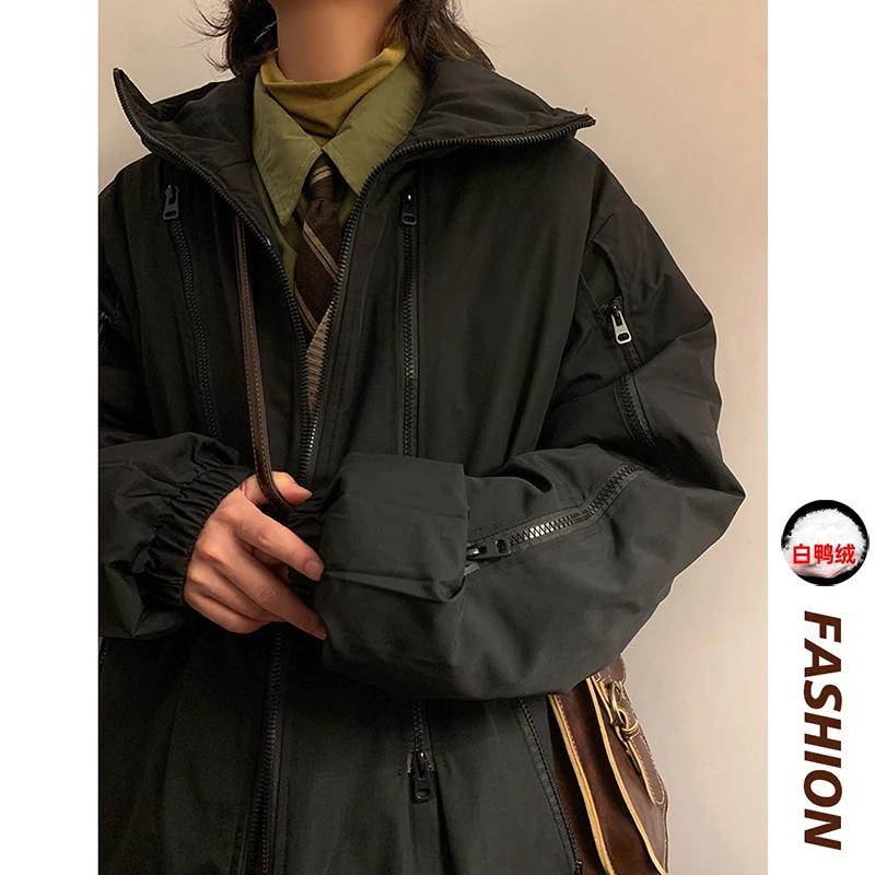 White Eiderdown Vintage Style Multi-zipper Design Mountaineering Jacket Hooded Down Jacket Men's Trend Charge Jacket Black Coat
