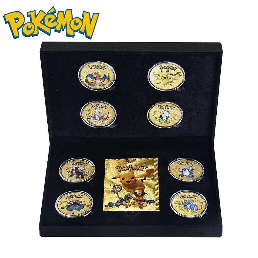 Monedas y cartas de Pokémon, trajes de Pikachu Charizard, patrones conmemorativos de oro y plata, Colección infantil, regalos de Anime