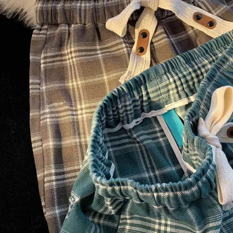 Новые повседневные клетчатые широкие брюки со шнуровкой корейская мода