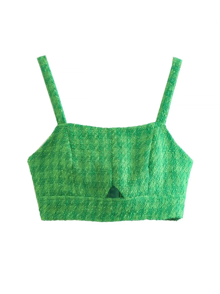 

TRAF Tanks Women Fashion Front Hollow Out Tweed Cropped Tank Tops Sexy Backless with Zipper Wide Straps Female Camis Mujer