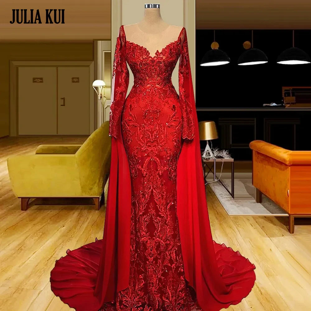 

Julia Kui RedColor Mermaid Wedding Dresses Beading Leaf Lace Off Shoulder Floral Prints Bridal Gowns Vestido De Noiva