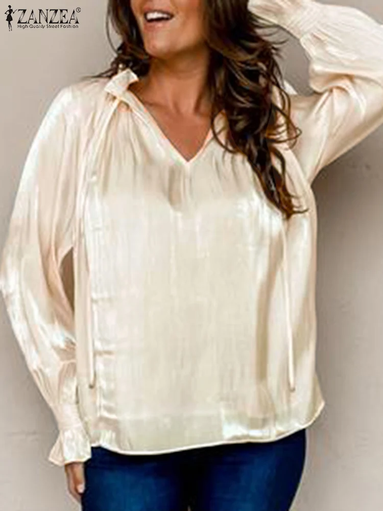

Модные атласные топы ZANZEA с пышными рукавами 2022, Женская однотонная блузка с оборками, рубашки, повседневные свободные блузки оверсайз, руба...