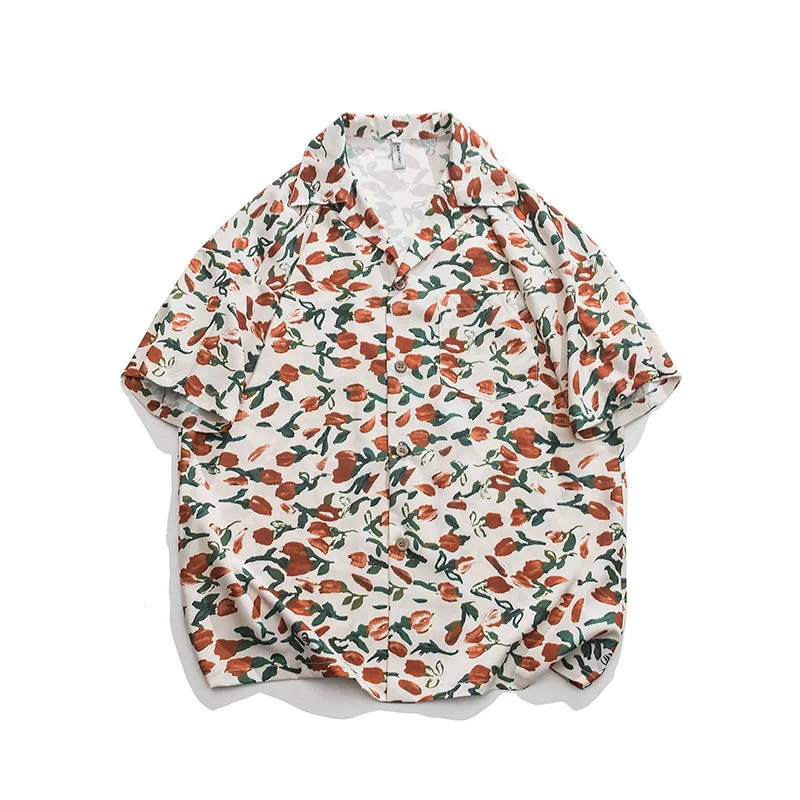 

Пляжная рубашка с коротким рукавом и цветочным принтом, тонкое дышащее пальто, модные свободные повседневные топы с отложным воротником, летняя мужская одежда