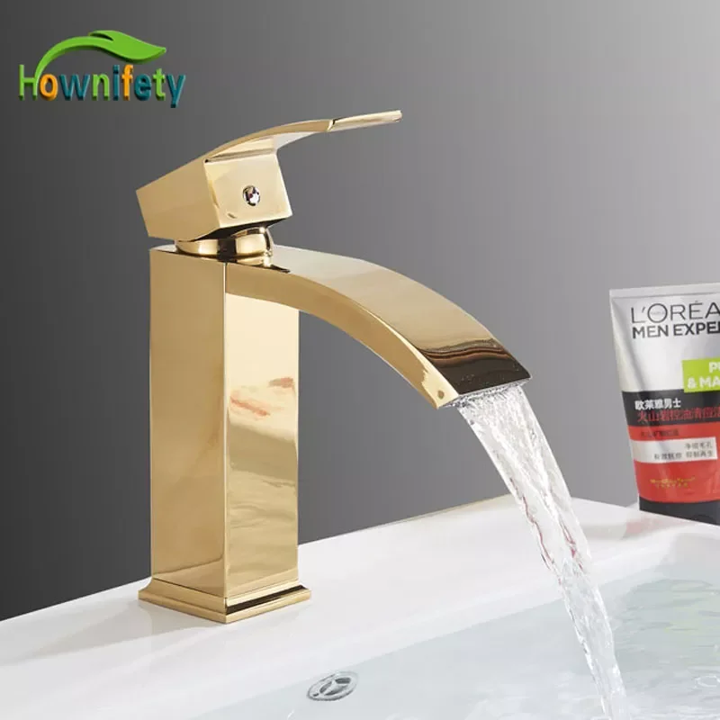 

Gold Polished Waterfall Bathroom Basin Faucet Hot Cold Mixer Crane Tap Single Handle Deck Mount Bath Wash Faucets
