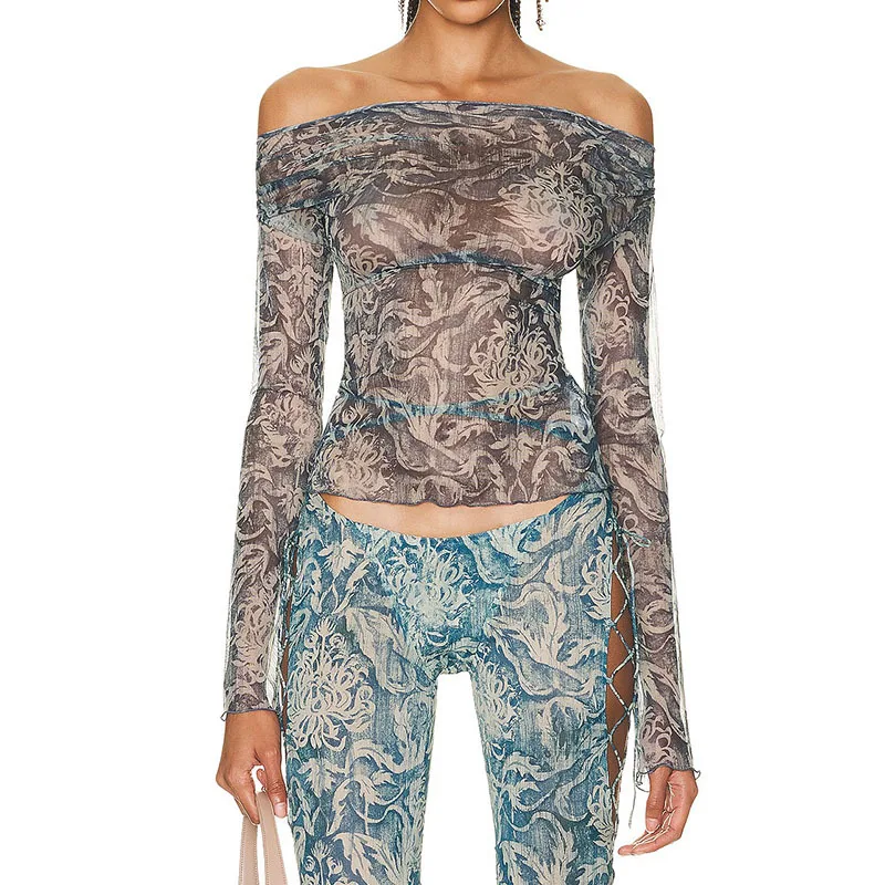 

Fashion Sexy Printed Off-the-shoulder Top Women 2023 Summer French Elegant Long Sleeve Mesh Micro Perspective Slim Elastic Tops