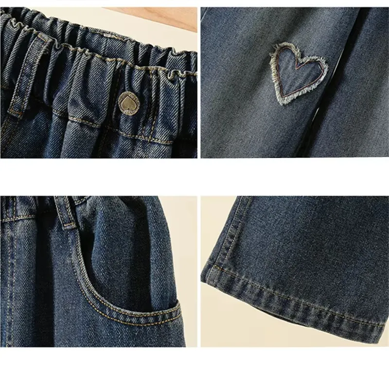 Детские классические джинсы с синим сердечком для девочек модные джинсовые