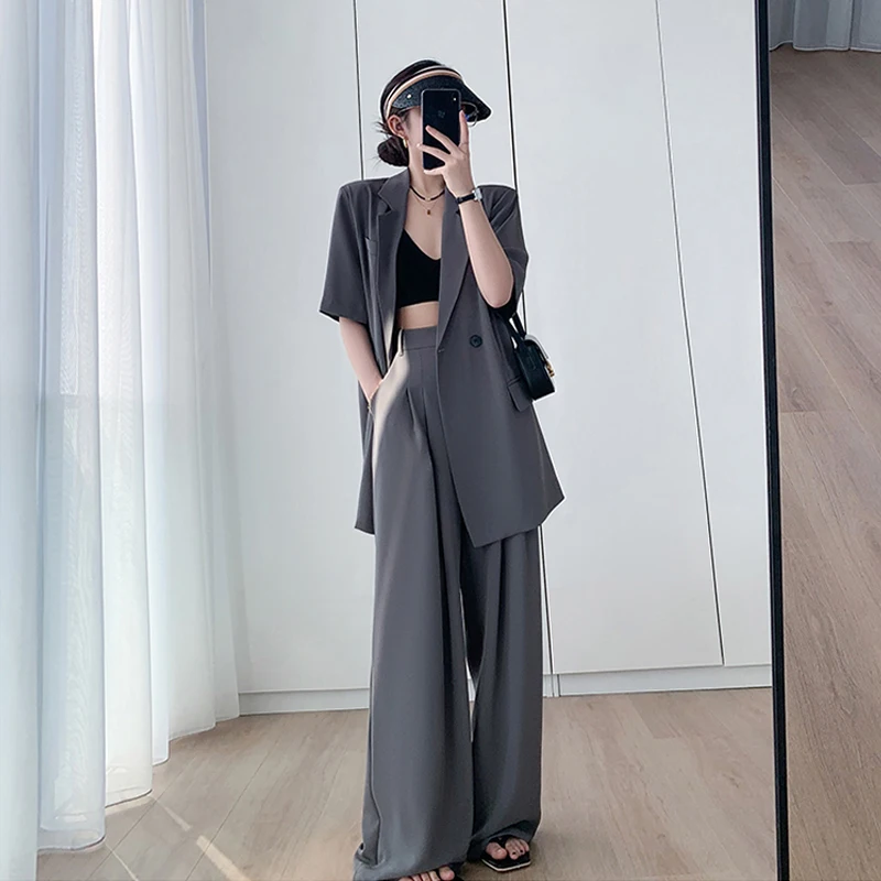2023 Summer New Blazers Two Piece Suits Women Korean Loose Short Sleeve Blazer Tops High Waist Wide Leg Pants Sets Femme