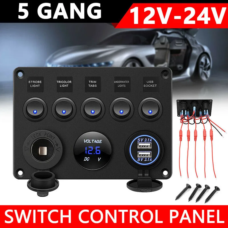 

5 Gang Switch Panel For Car Boat Yacht Caravan Truck Waterproof Voltmeter Power Dual USB 4.2A Socket Panel LED Backlight 12-24V