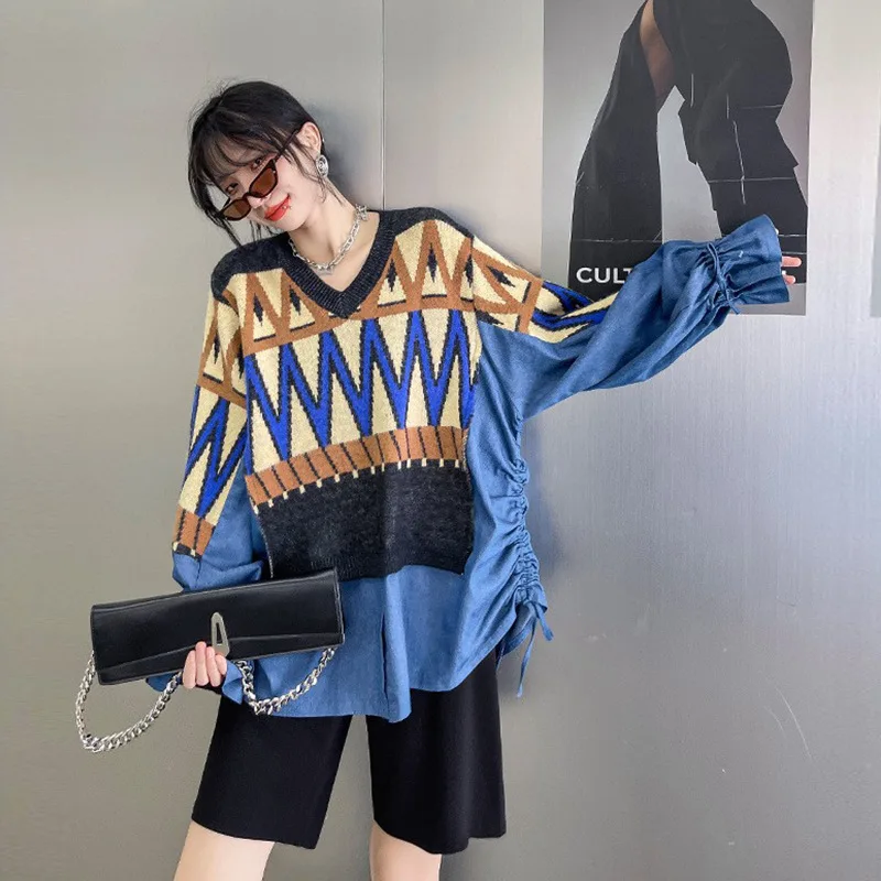 

2 в 1, контрастный осенний свитер с V-образным вырезом, вязаные топы, женский свободный джемпер большого размера, одежда Tuinc, свитер для женщин