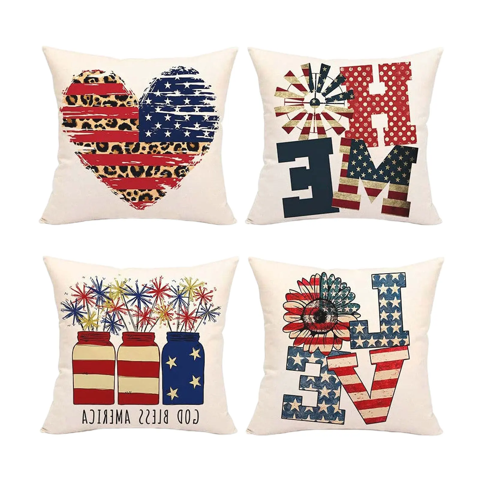 

17.7'Independence Day Pillow Cover Set Fourth Of July Throw Pillow Cover Patriotic Home Decoration American Flag Retro Red Blue