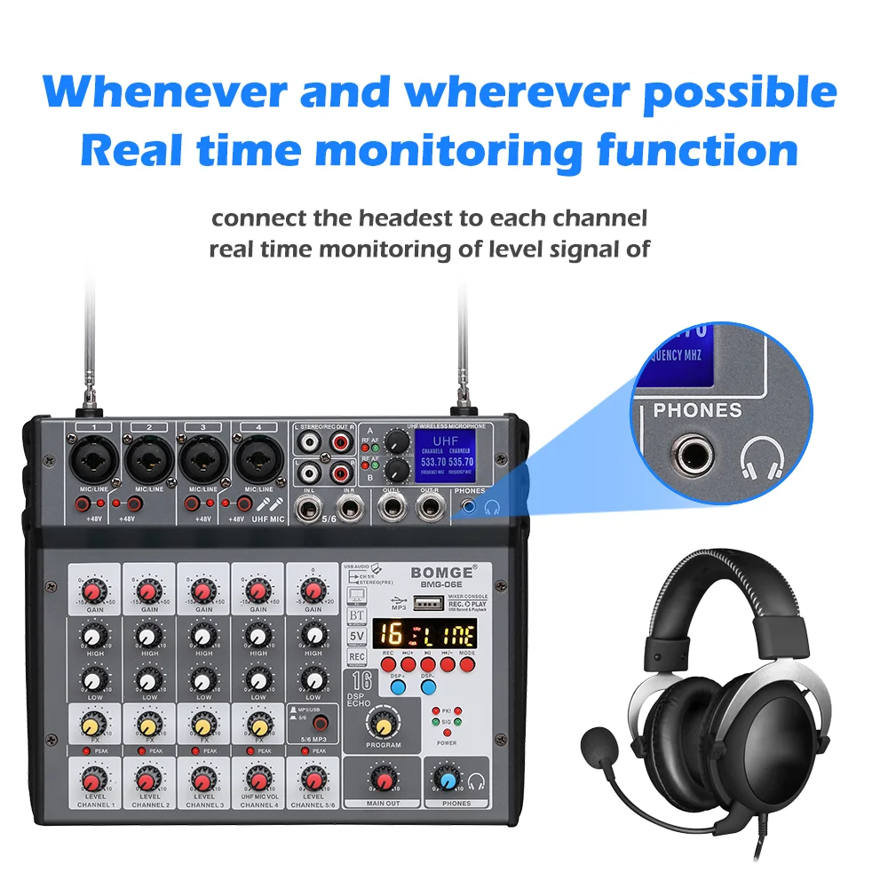Профессиональный 6-канальный аудиомикшер встроенный 2-х ручной УВЧ микрофон