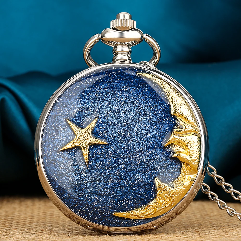 Creative Pocket Watch Necklace Romantic Bule Epoxy Star Moon Case Luxury Gift for Men Women Fob Watch Pendant Reloj De Bolsillo
