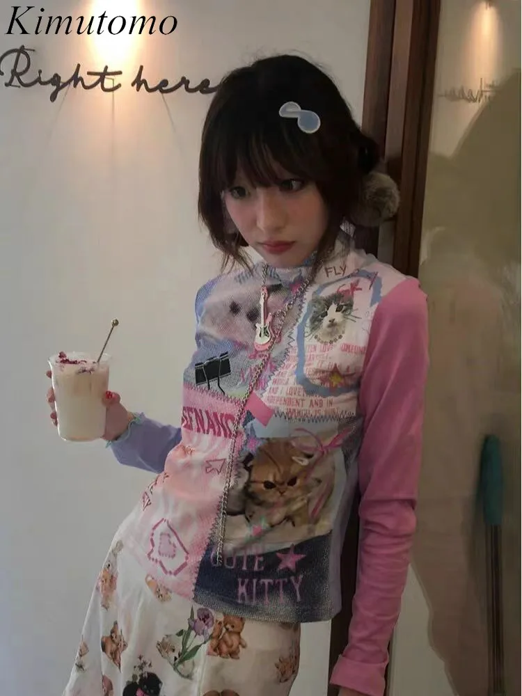 Kimutomo Y2k футболки женские винтажные с рисунком кота милые сексуальные базовые