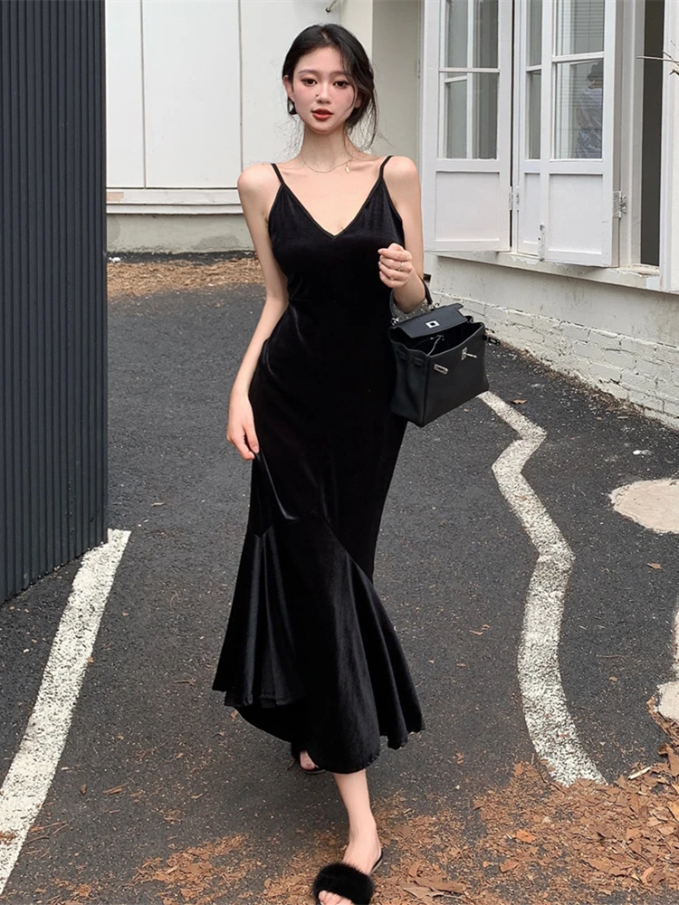 

Черное бархатное цельнокроеное платье для женщин, Осень-зима 2022, шикарные сексуальные длинные облегающие платья с открытой спиной, женские вечерние платья